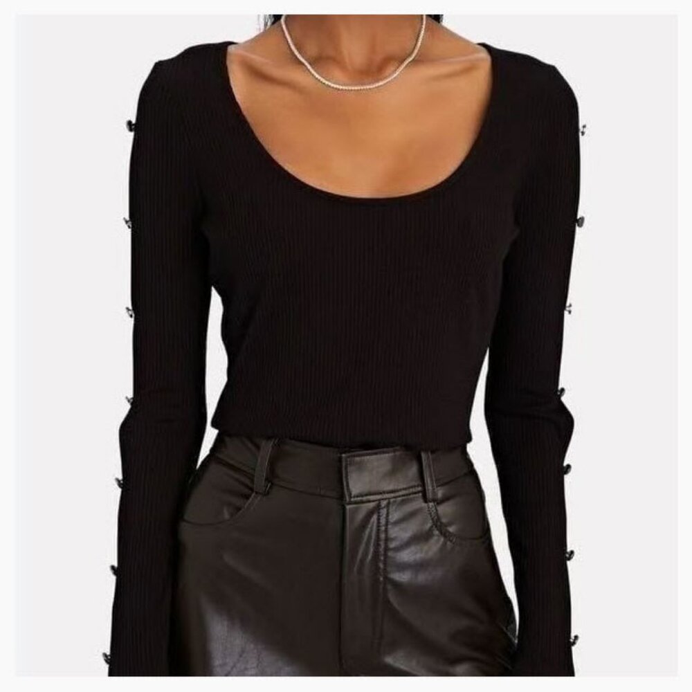 Womens Intermix Sinclair Black Scoop Neck Ribbed Slitted Button Sleeve Top S